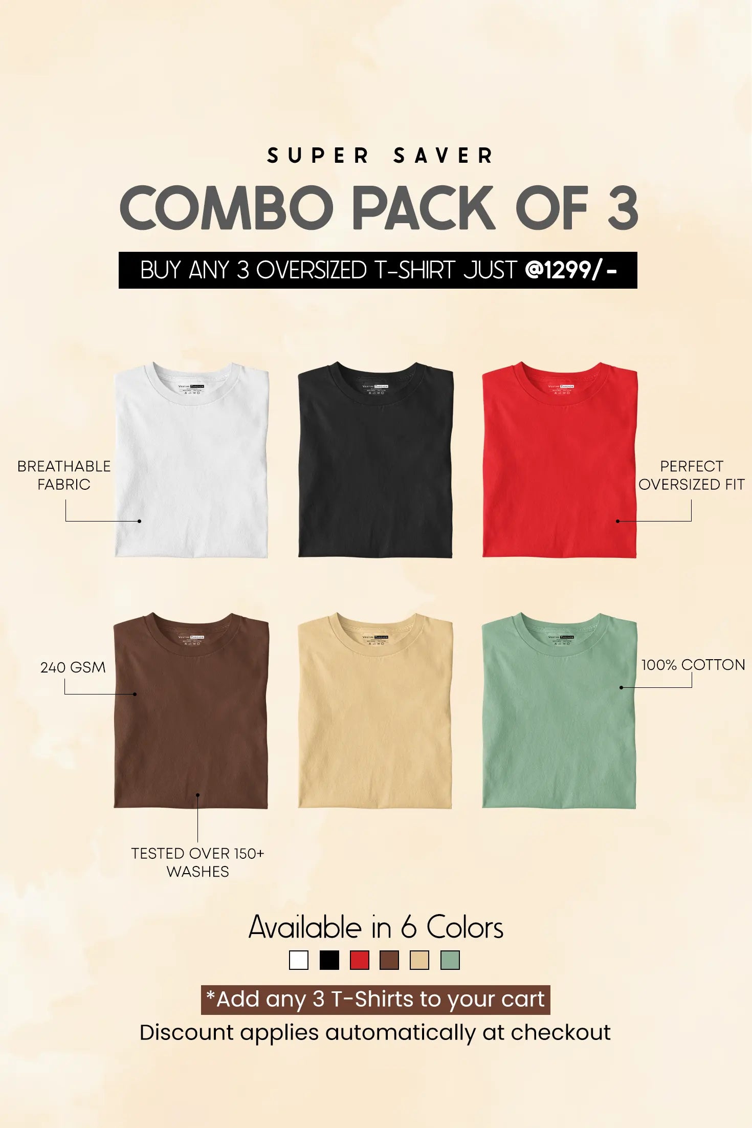 Pick Any 3 - Unisex Oversize Solid T-shirt Combo